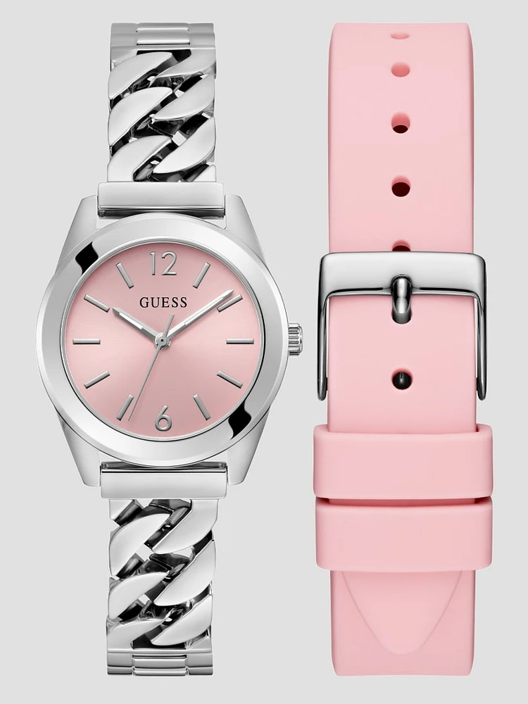 Silver-Tone and Pink Analog Watch