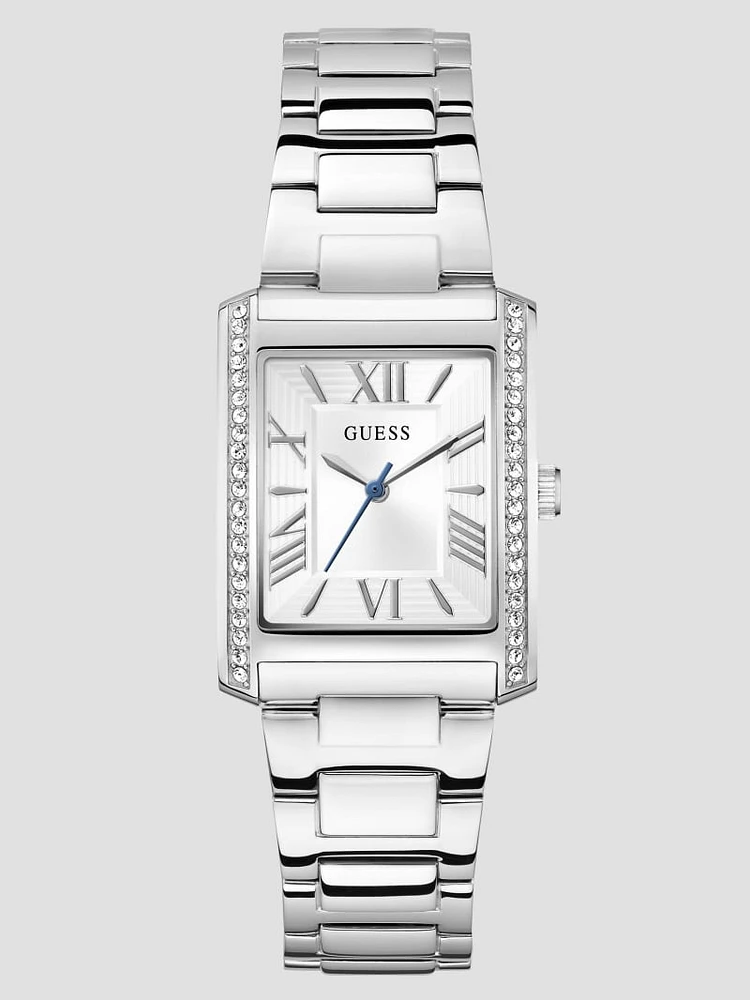 Silver-Tone Crystal Square Analog Watch