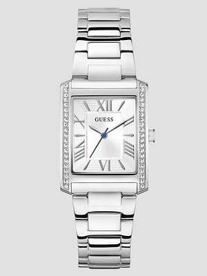 Silver-Tone Crystal Square Analog Watch