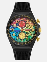 Rainbow Mosaic and Black Silicone Chronograph Watch