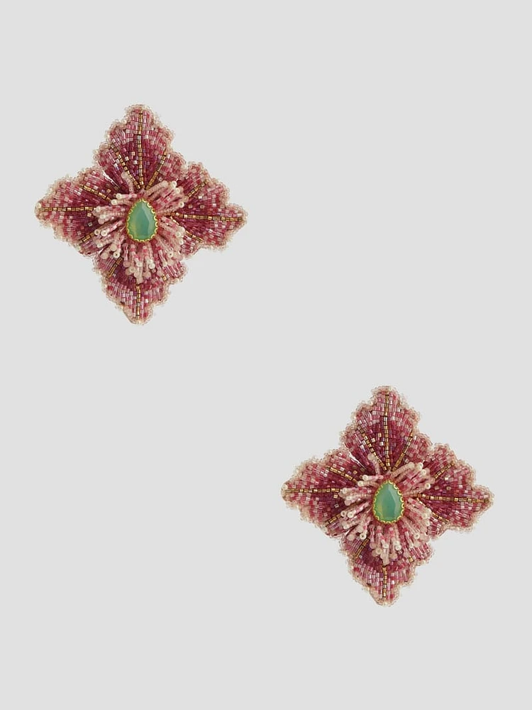 Pink Beaded Hibiscus Stud Earrings