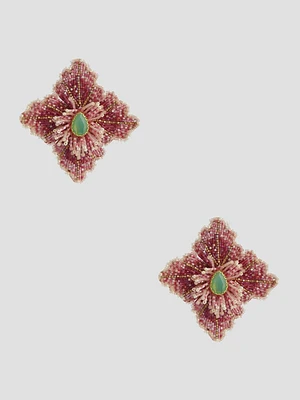 Pink Beaded Hibiscus Stud Earrings