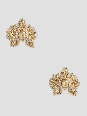 Gold-Tone and White Beaded Orchid Stud Earrings