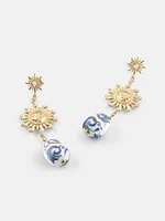 Gold-Tone Sun and Blue Ceramic Drop Earrings