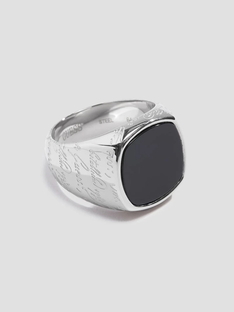 Silver-Tone and Onyx Signet Ring - Size 10.5