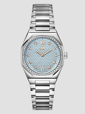 Gc Silver-Tone and Light Blue Crystal Analog Dial