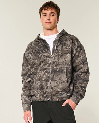 Boxy Waffle-Lined Zip-Up Hoodie