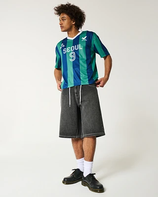 Below-the-Knee Washed Black Super Baggy Denim Shorts