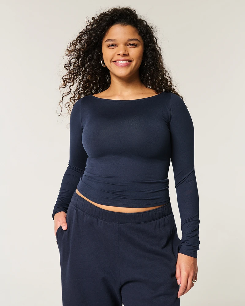 Soft Stretch Seamless Fabric Boat-Neck Top