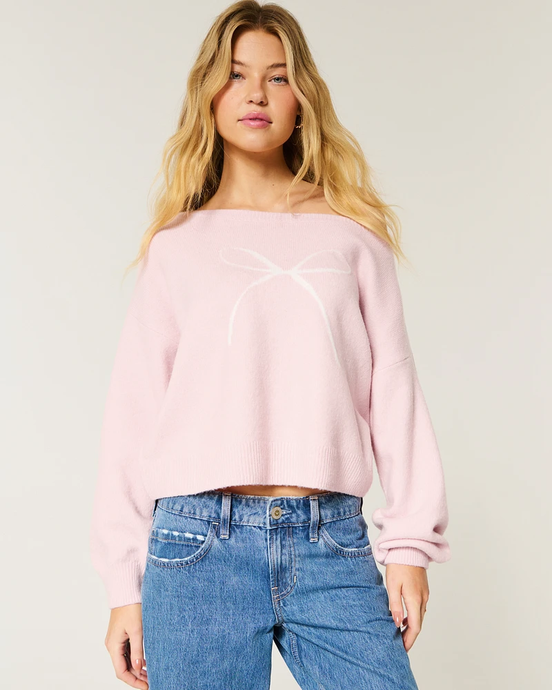 Hollister Comfy Cloud Easy Off-the-Shoulder Bow Graphic Sweater