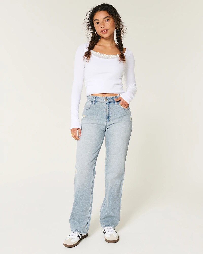High-Rise Distressed Light Wash Straight Jeans