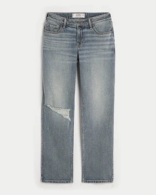 Low-Rise Ripped Medium Wash Straight Jeans