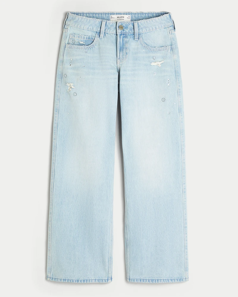 Low-Rise Distressed Light Wash Rhinestone Baggy Jeans