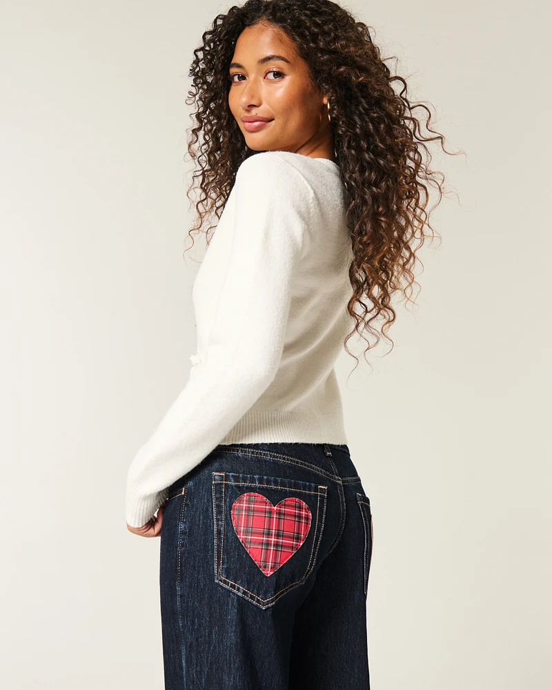 Low-Rise Dark Wash Plaid Hearts Baggy Jeans