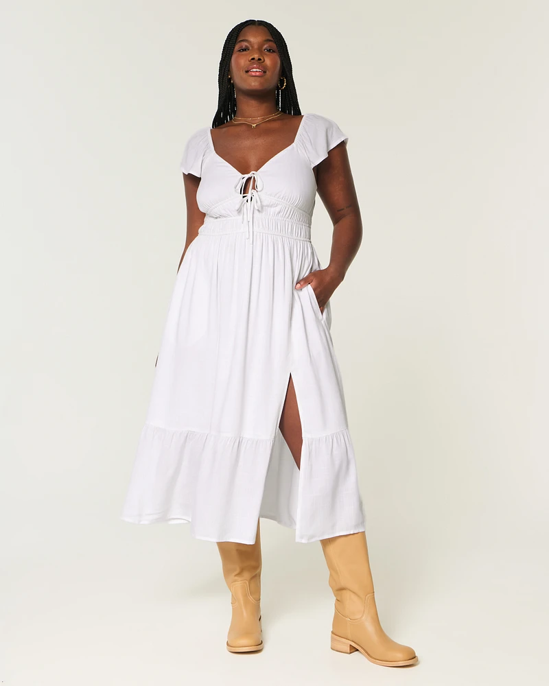 Flutter Sleeve Double-Tie Midi Dress
