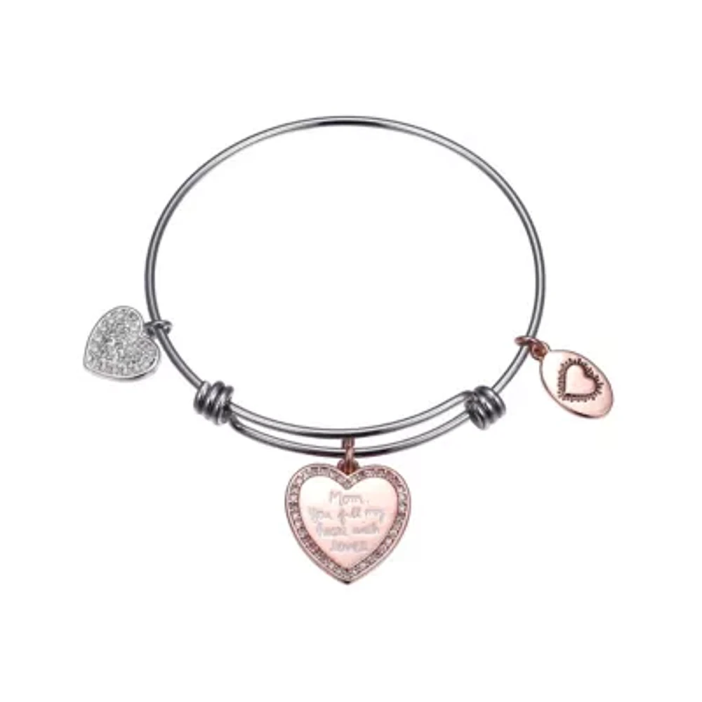 Footnotes Mom Womens Cubic Zirconia Stainless Steel Heart Bangle Bracelet