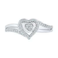 Promise My Love Womens 1/6 CT. T.W. Natural White Diamond Sterling Silver Heart Side Stone Halo Ring