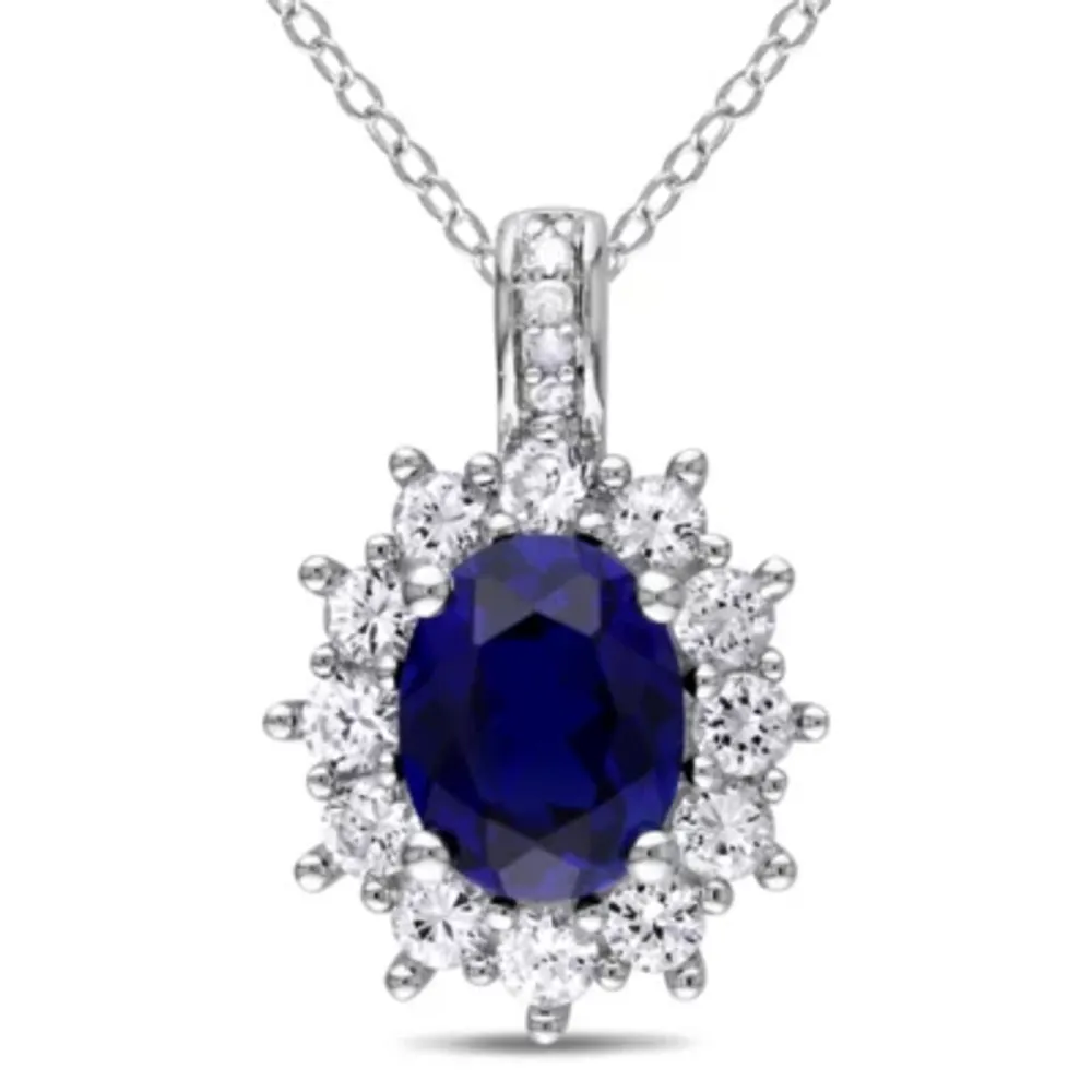 Womens Diamond Accent Lab Created Blue Sapphire Sterling Silver 18 Inch Pendant Necklace