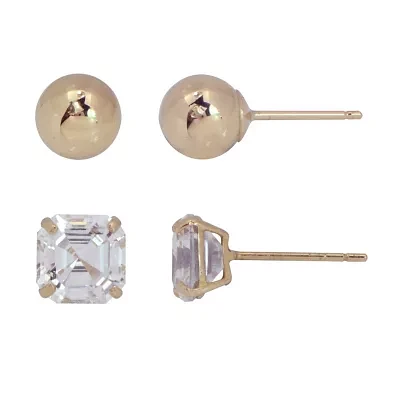 Womens Lab Created Cubic Zirconia 10K Gold Ball 2 Pair Earring Set