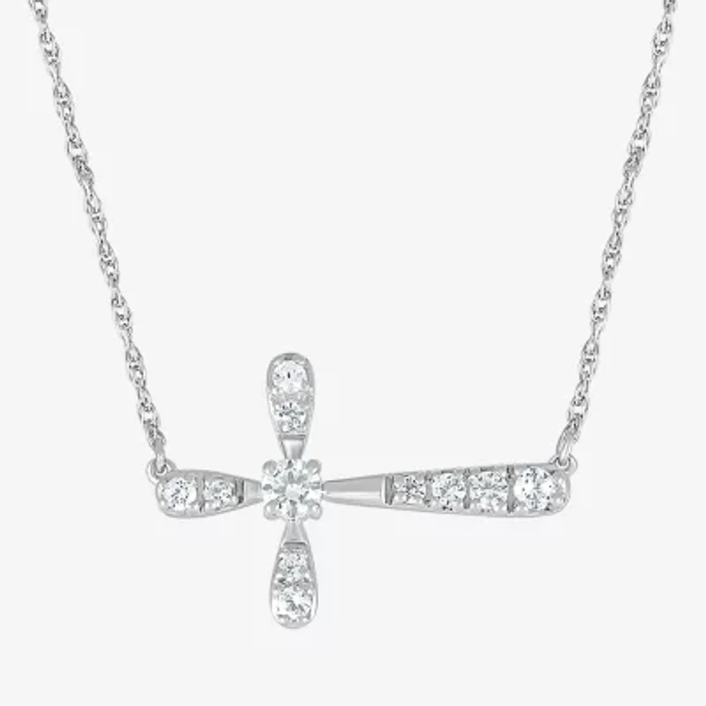 Sideways Womens Lab Created White Sapphire Sterling Silver Cross 18 Inch Pendant Necklace