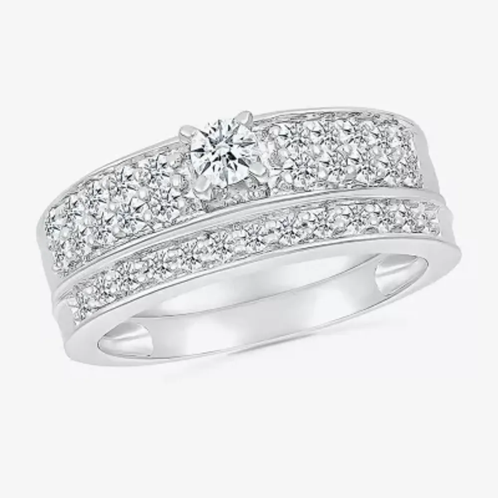 5.00mm Unisex Adult 1 CT. T.W. Natural White Diamond 10K White Gold Round Side Stone Wedding Ring Set