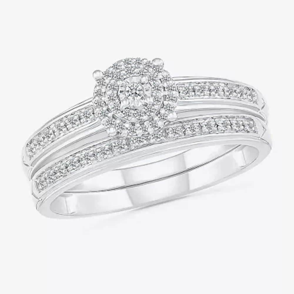 4.45mm Unisex Adult 1/4 CT. T.W. Natural White Diamond 10K White Gold Round Halo Side Stone Ring Set