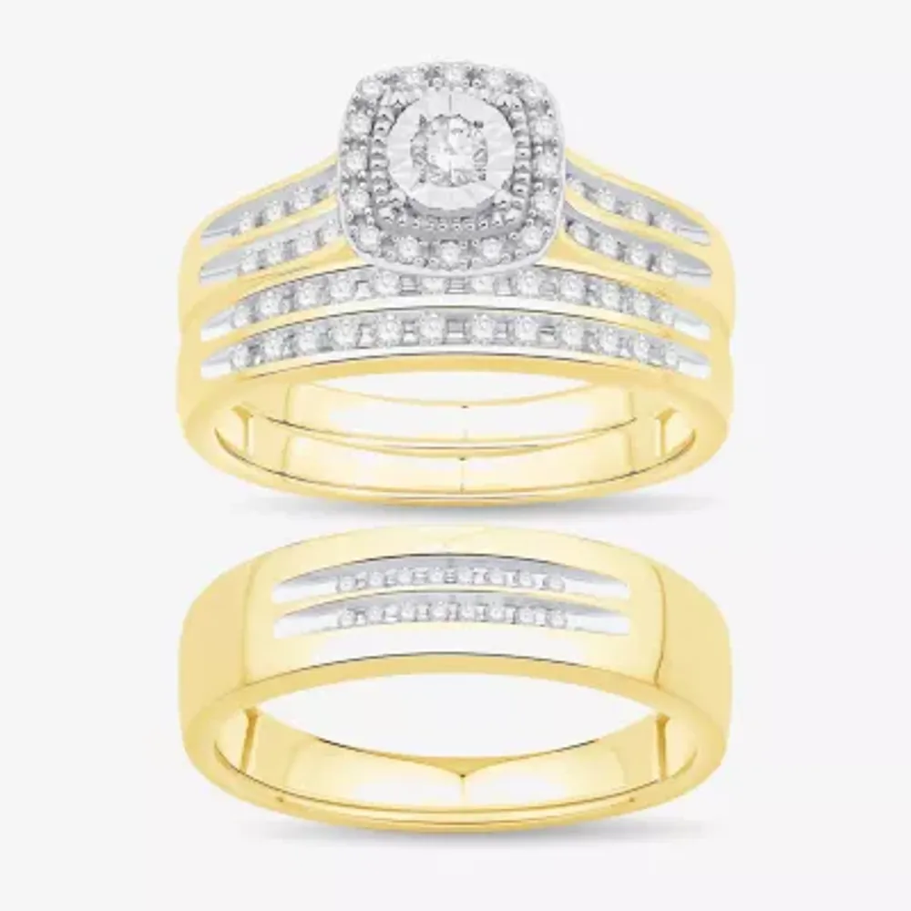 Unisex Adult 1/2 CT. T.W. Natural White Diamond 10K Gold Cushion Halo Side Stone Ring Set