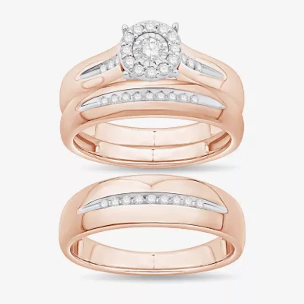 Unisex Adult 1/3 CT. T.W. Natural White Diamond 10K Rose Gold Round Halo Side Stone Ring Set