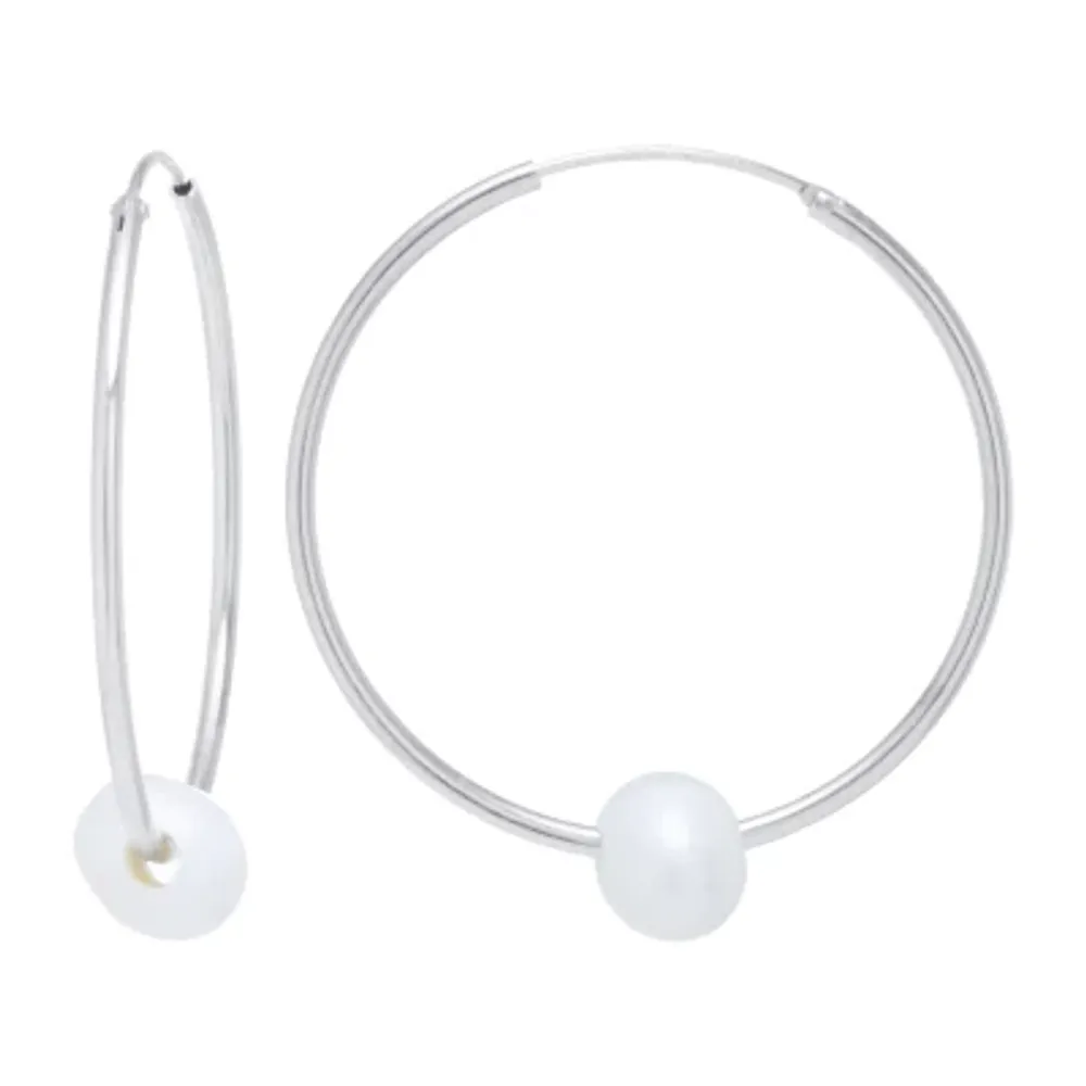 Silver Treasures Womens Cultured Freshwater Pearl Sterling Silver 35mm Hoop Earrings