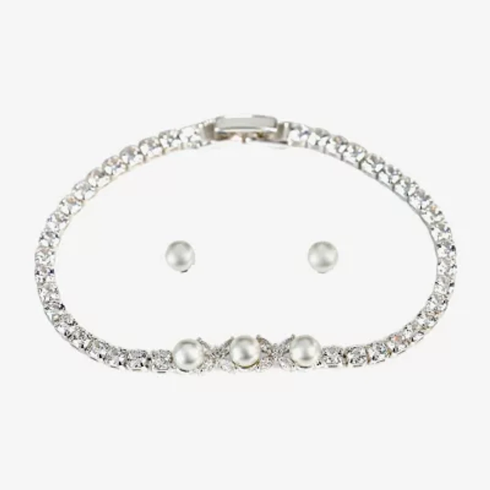 Sparkle Allure Light Up Box Womens Cubic Zirconia Simulated Pearl Pure Silver Over Brass Oval 2-pc. Jewelry Set