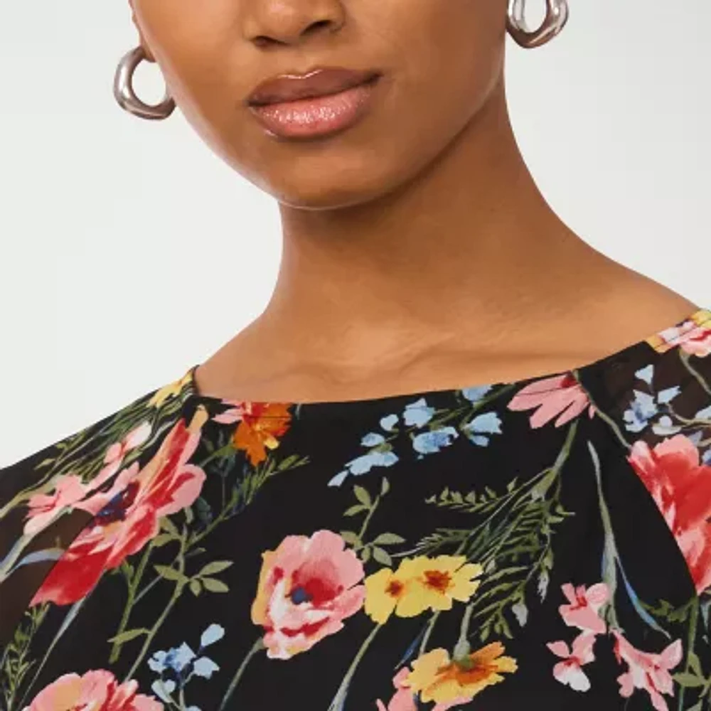 Sam And Jess Womens 3/4 Sleeve Floral Petite Fit + Flare Dress