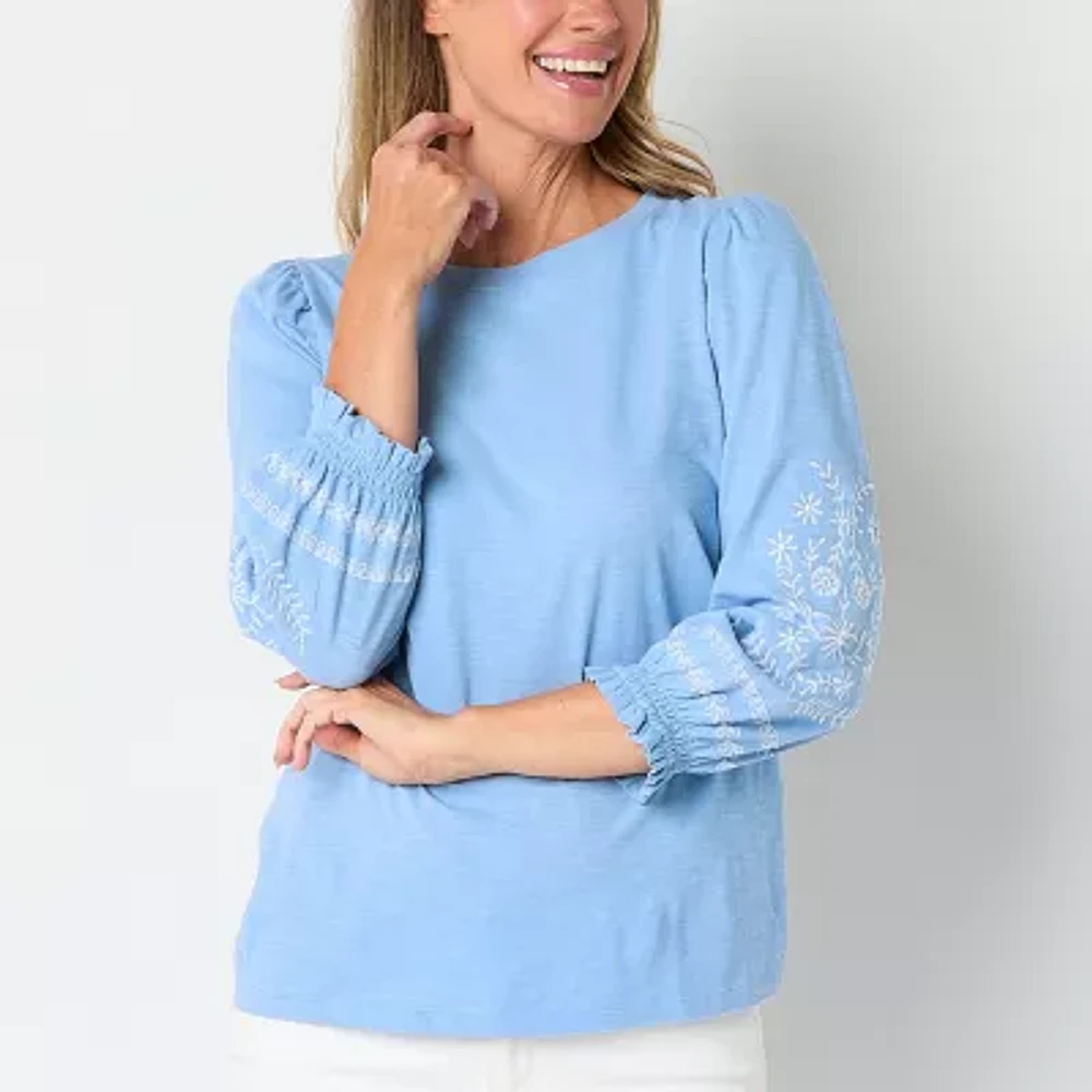 St. John's Bay Womens Round Neck Long Sleeve Embroidered Tall Blouse