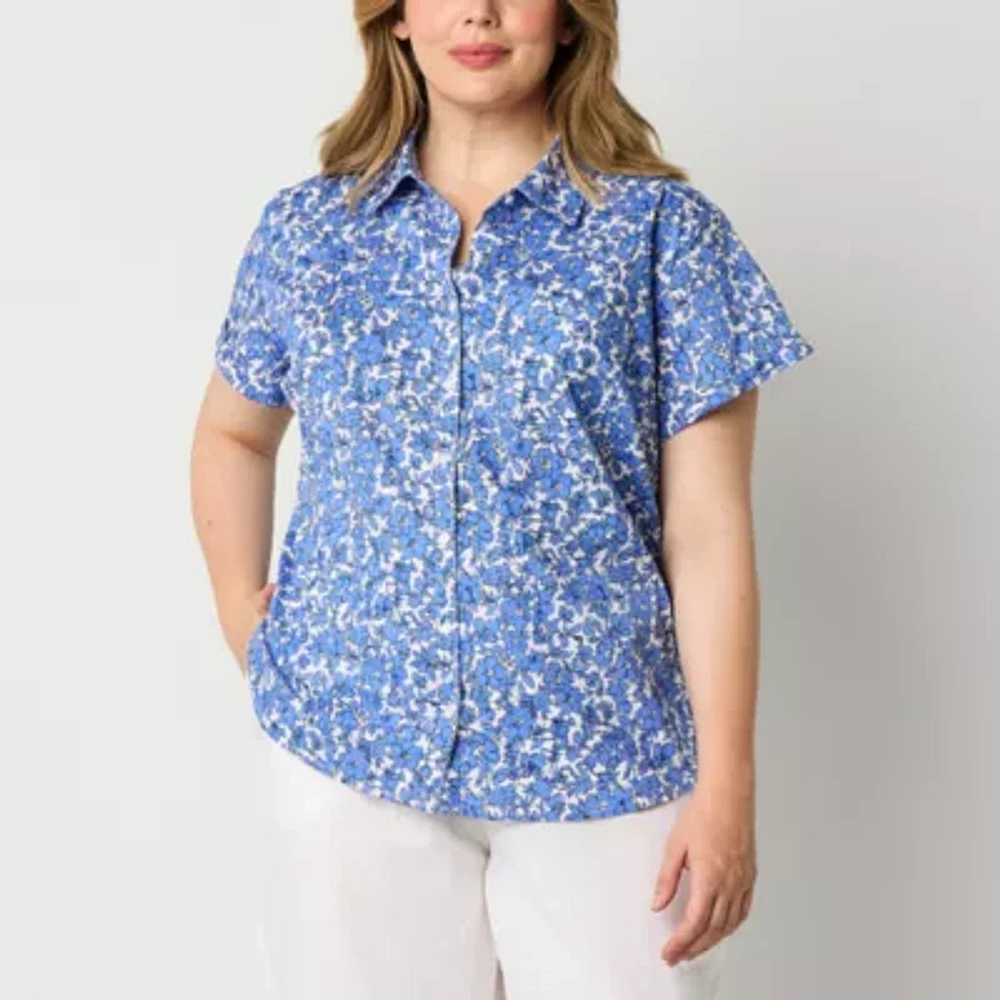St. John's Bay Womens Short Sleeve Roll Regular Fit Plus Button-Down Shirt