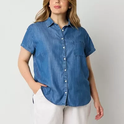St. John's Bay Womens Short Sleeve Roll Regular Fit Plus Button-Down Shirt