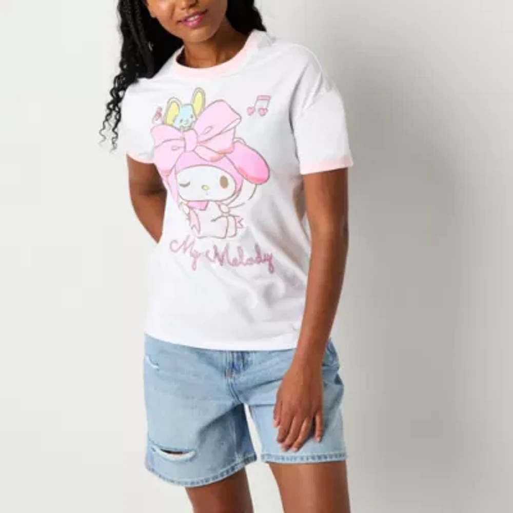 My Melody Bow Oversized Ringer Tee Womens Crew Neck Short Sleeve Oversized Hello Kitty My Melody Juniors Graphic T-Shirt