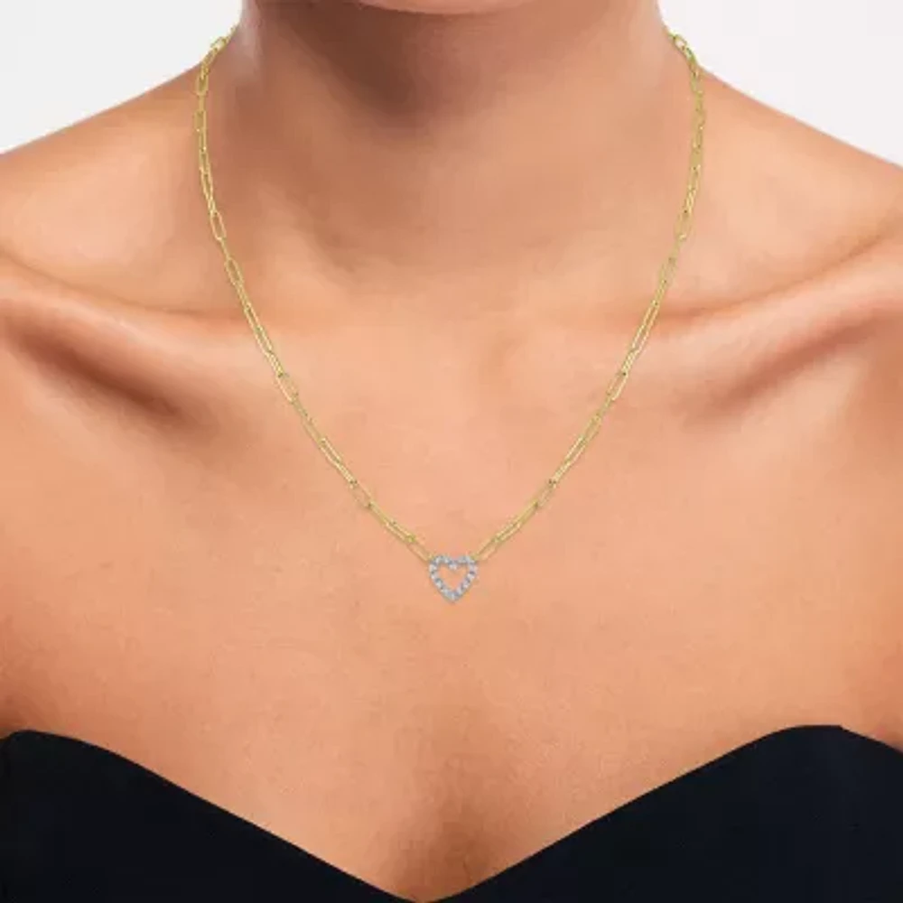 Yes Please! (G-H / I1-I2) Womens Diamond Accent Lab Grown White Diamond Accent 14K Gold Over Silver Sterling Silver Heart Paperclip 18 Inch Pendant Necklace