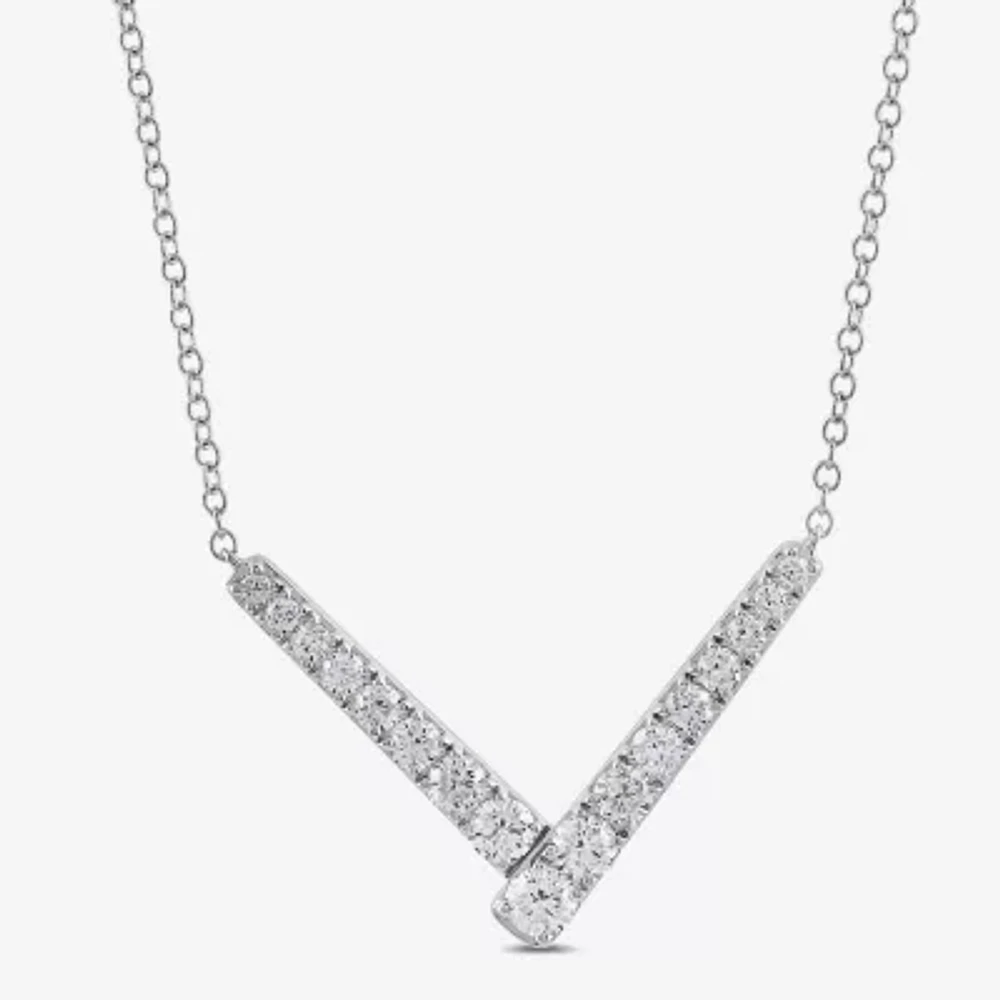 Womens White Diamond Sterling Silver 17 Inch Chevron Necklace