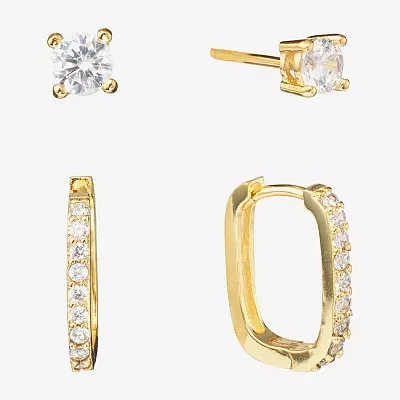 Sparkle Allure Womens Cubic Zirconia 24K Gold Over Brass 2 Pair Earring Set