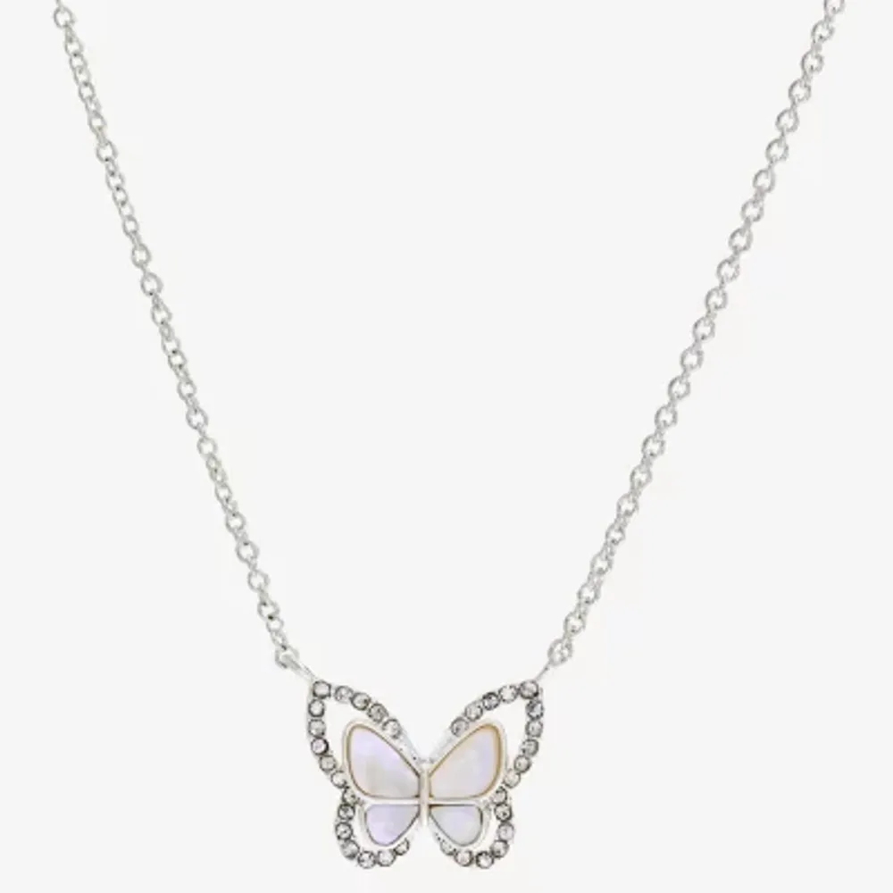 Sparkle Allure Womens White Mother Of Pearl Pure Silver Over Brass Butterfly 16 Inch Pendant Necklace