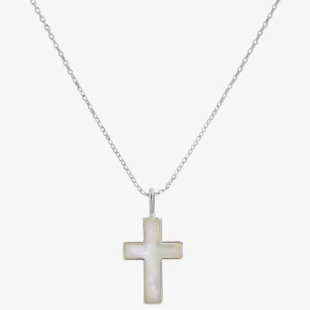 Sparkle Allure Womens White Mother Of Pearl Pure Silver Over Brass Cross 16 Inch Pendant Necklace