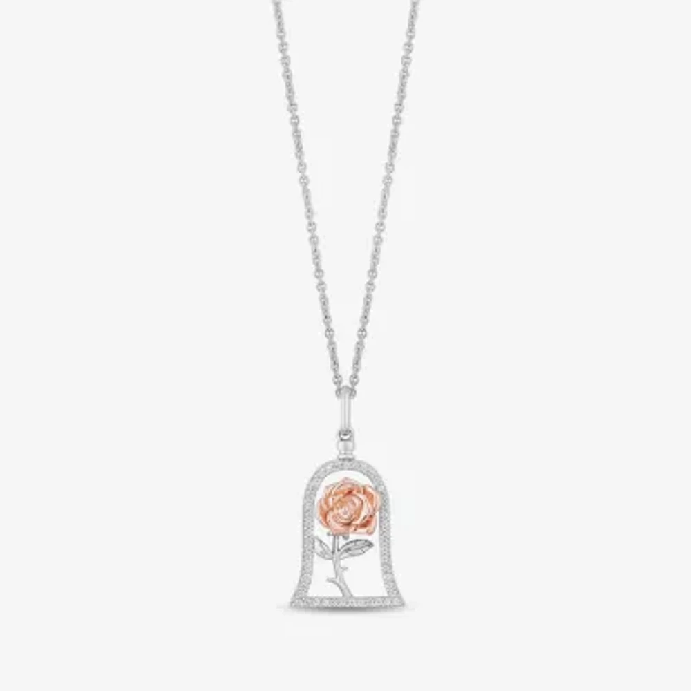 Enchanted Disney Fine Jewelry Womens 1/5 CT. Natural White Diamond 14K Rose Gold Over Silver Sterling Silver Flower 16 Inch Pendant Necklace