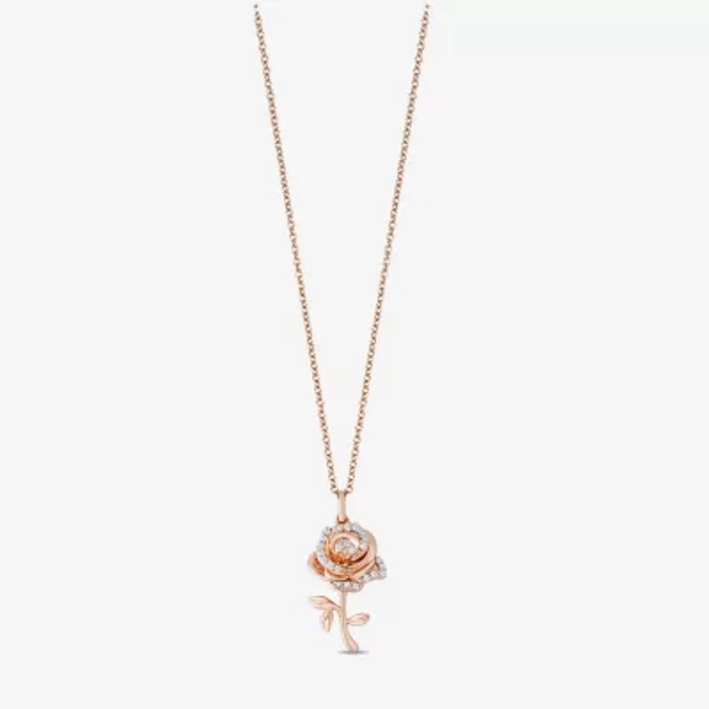 Enchanted Disney Fine Jewelry Womens 1/10 CT. T.W. Natural White Diamond 14K Rose Gold Flower 16 Inch Pendant Necklace