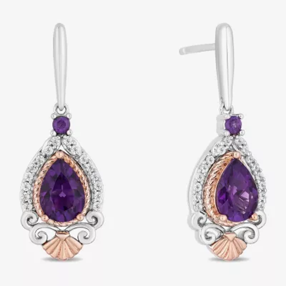 Enchanted Disney Fine Jewelry Womens 1/6 CT. T.W. Genuine Purple Amethyst 14K Rose Gold Sterling Silver Ariel Princess The Little Mermaid Drop Earrings