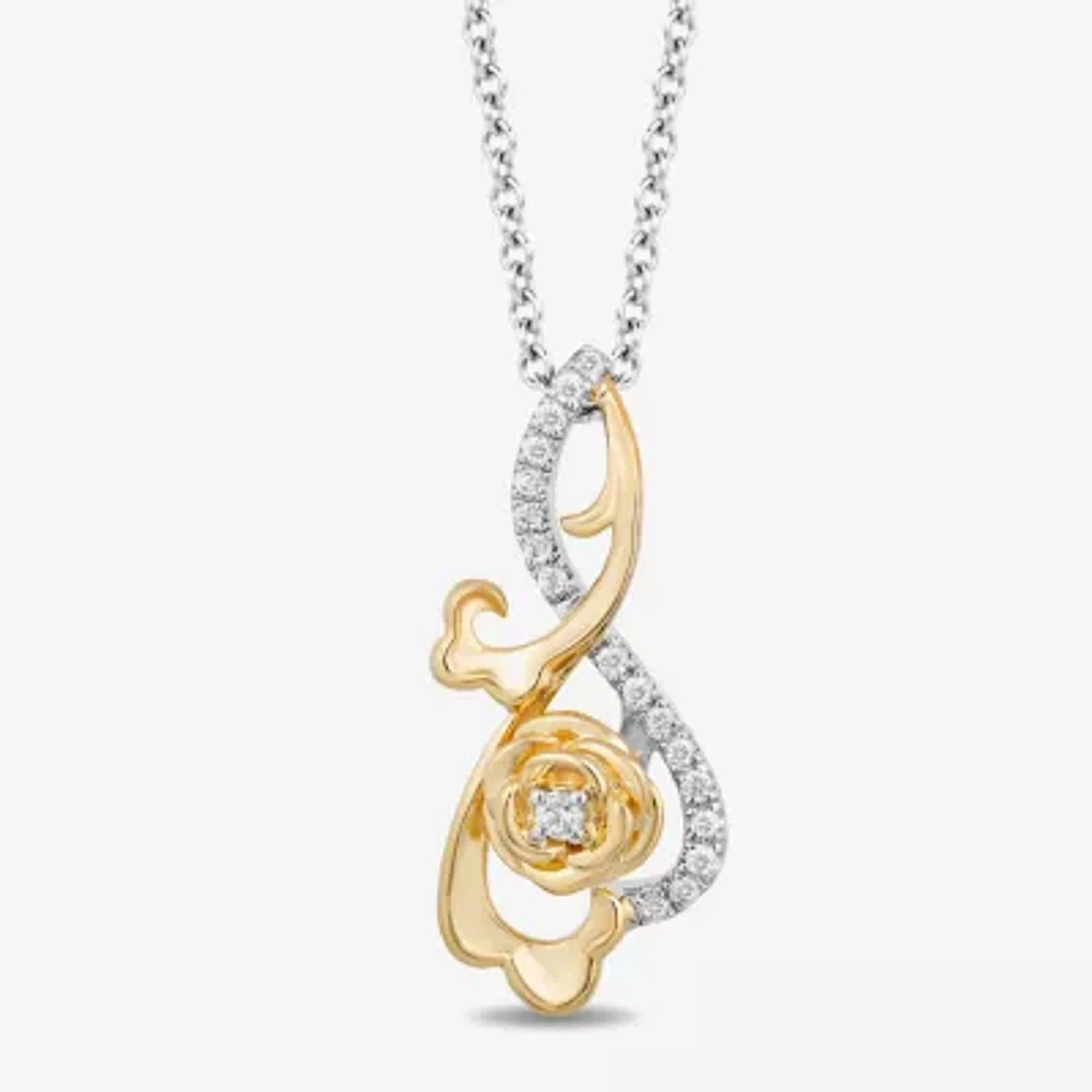 Enchanted Disney Fine Jewelry Womens 1/6 CT. T.W. Natural White Diamond 10K Gold Sterling Silver Flower 17 Inch Pendant Necklace