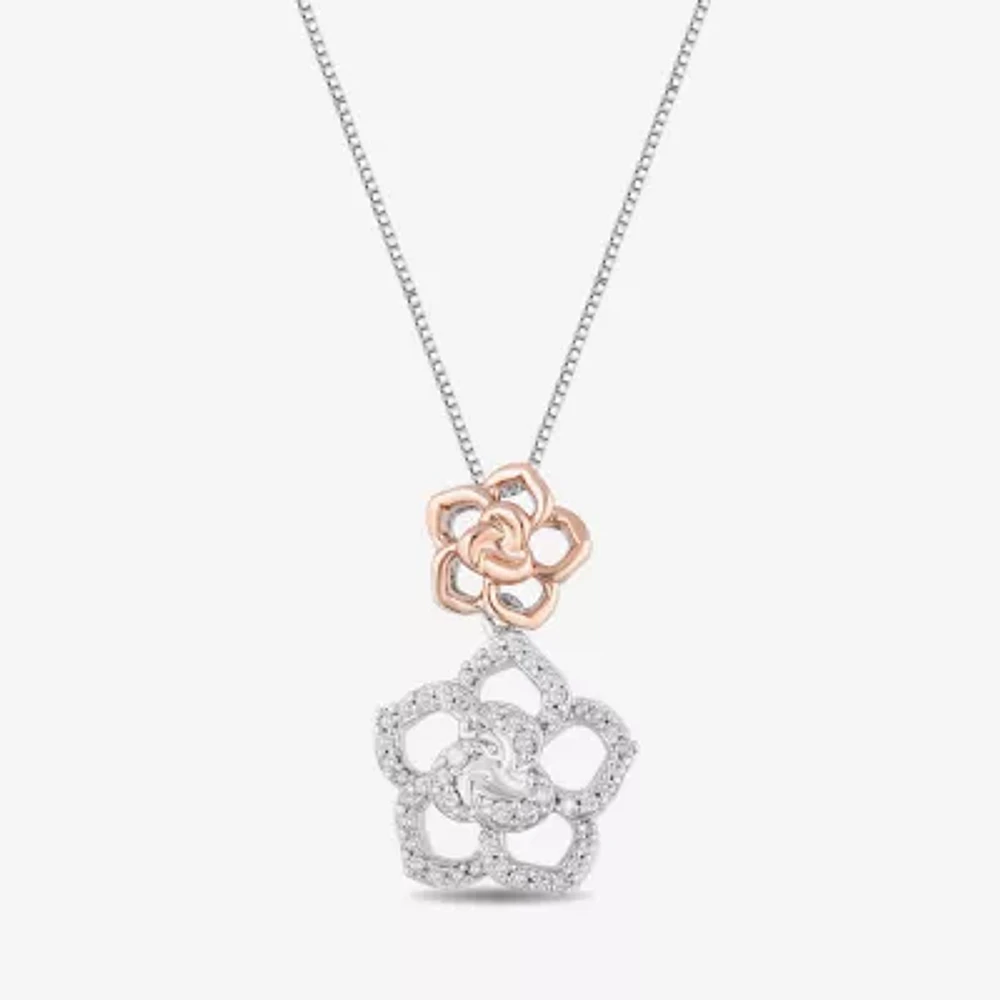 Enchanted Disney Fine Jewelry Womens 1/5 CT. Natural White Diamond 14K Rose Gold Over Silver Sterling Silver Flower 16 Inch Pendant Necklace