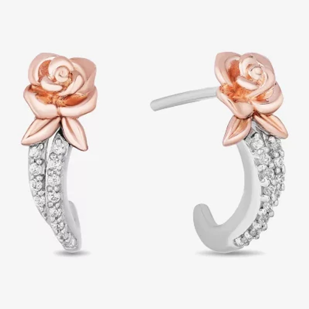Enchanted Disney Fine Jewelry Womens 1/10 CT. T.W. Natural White Diamond 10K Rose Gold Sterling Silver 14.5mm Flower Beauty and the Beast Belle Princess Hoop Earrings