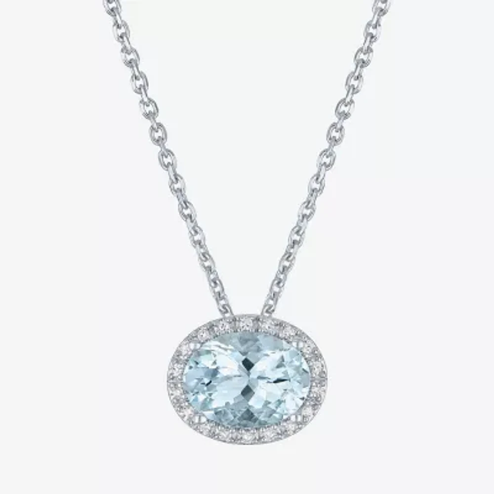 Womens Diamond Accent Genuine Blue Aquamarine Sterling Silver Oval 16 Inch Pendant Necklace