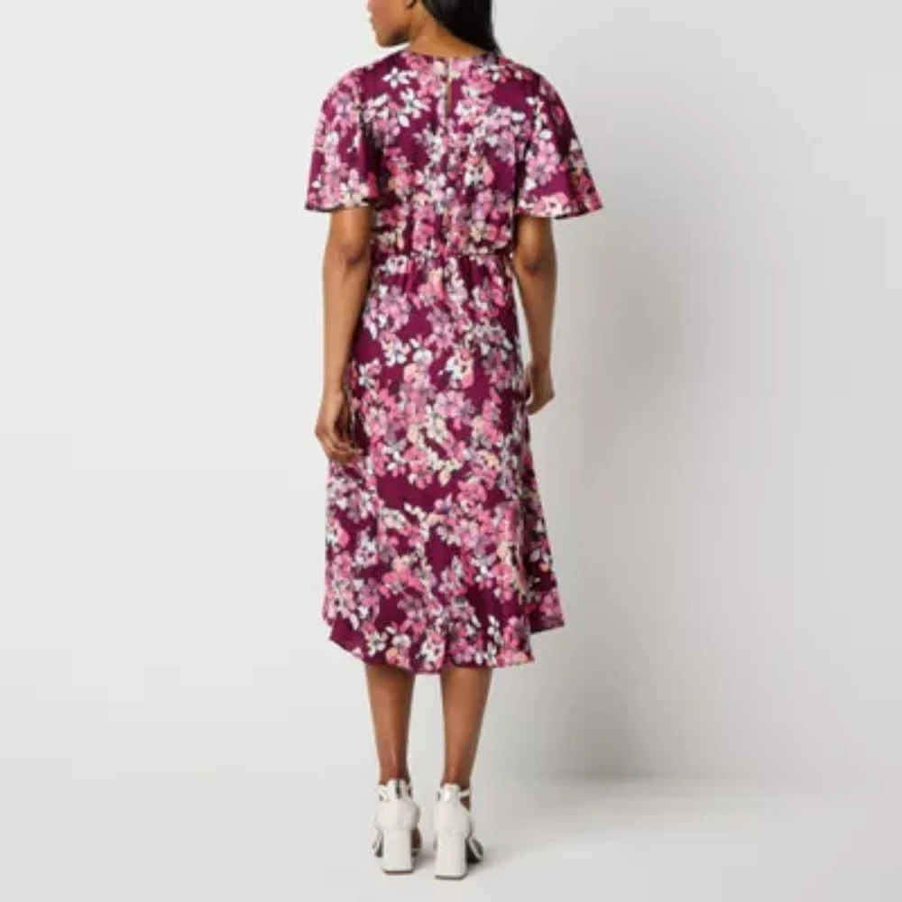 Liz Claiborne Womens Short Sleeve Midi Floral A-Line Dress