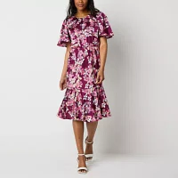 Liz Claiborne Womens Short Sleeve Midi Floral A-Line Dress