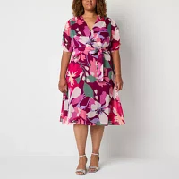 Liz Claiborne Womens Short Sleeve Midi Floral Plus A-Line Dress
